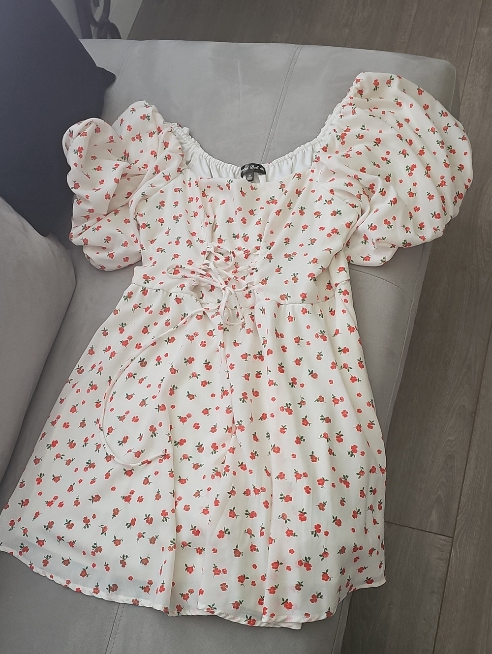 Crystal Doll White Floral Puff-Sleeve Dress with Lace-Up Front